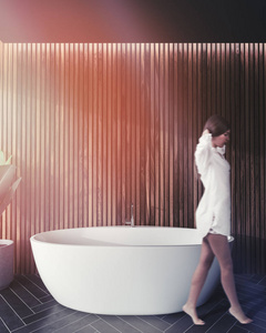 浴室内有深色木墙白色典雅浴缸和黑色木地板的妇女。3d 渲染模拟色调图像