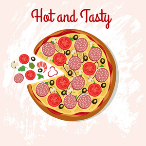 美味的比萨饼, 餐桌上配有比萨饼配料。意大利美食矢量海报。快餐的例证热和可口