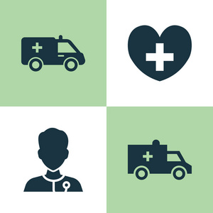 医学图标设置。集合的疗愈者，治愈，公共汽车和其他元素。此外包括救护车 公共汽车 治疗等符号