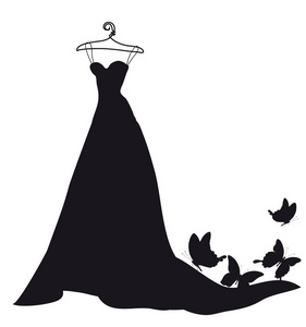 黑色的剪影婚纱礼服与蝴蝶孤立在白色背景, 矢量, 插图