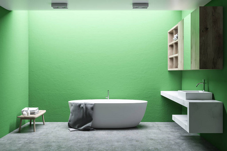 简约的浴室内饰, 绿色的墙壁, 混凝土地板, 白色浴缸和水槽。带毛巾的长凳。3d 渲染模拟