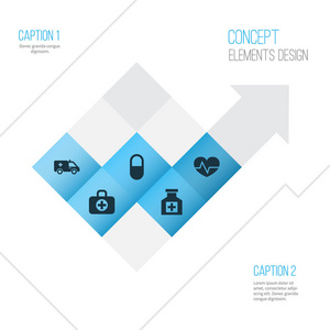 抗生素的图标集。急救 手术包 止痛药和其他元素的集合。此外包括符号如丸，急救 颗粒