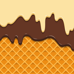 花纹饼干纹理融化霜冰淇淋滴。光泽条纹巧克力香草奶油脆锥形。卡通图片为网络, 广告, 横幅, 名片。矢量插图