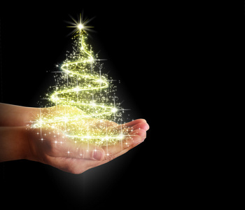 圣诞树上的星星和灯光在他们手中