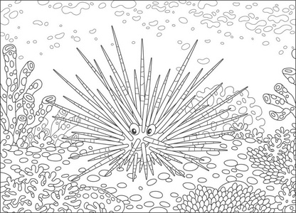 热带海礁珊瑚中的滑稽长脊柱海胆, 彩色书的卡通风格的黑白矢量插图