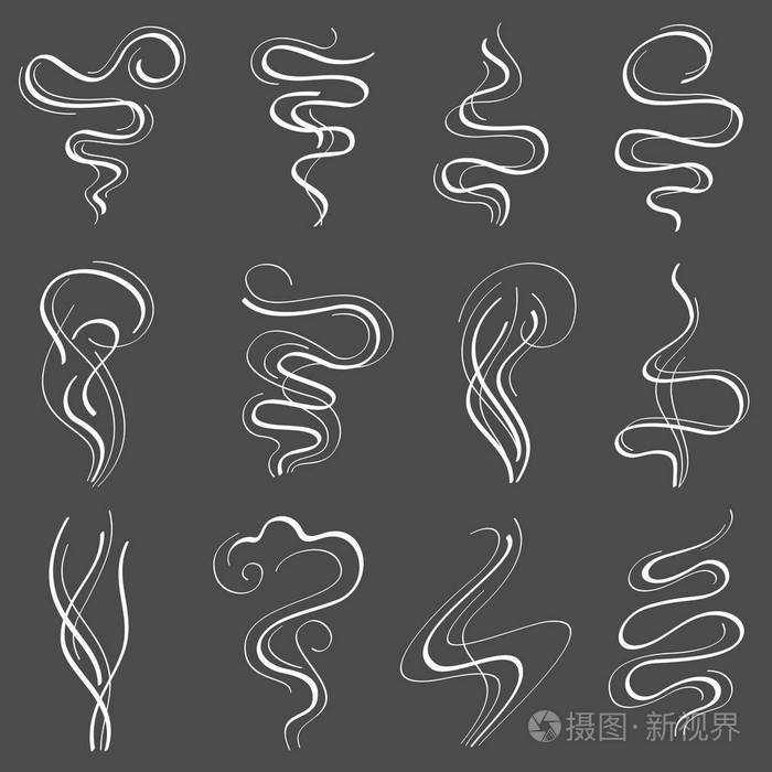 烟雾蒸汽矢量设置.气味和烟雾线图标被隔离在白色