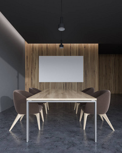灰色和木墙办公室会议室内部有一个混凝土地板, 一张特大号的桌子和棕色的椅子。墙上的一幅横向模拟海报。3d 渲染