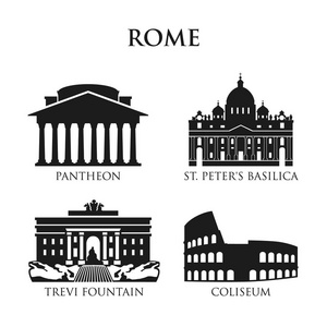 一套意大利标志, 地标在黑白。矢量插图。罗马, 意大利