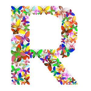 字母 R 由很多不同颜色的蝴蝶