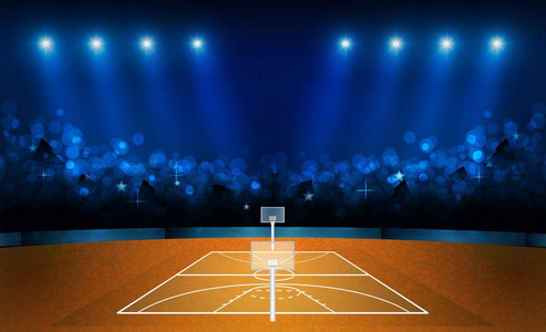 篮球竞技场领域与明亮的体育场灯设计。矢量照明