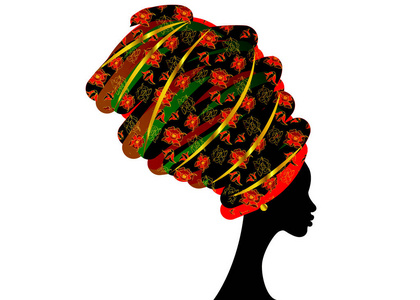 肖像美丽的非洲妇女在传统的头巾, 科特头包装非洲, 传统的 dashiki 印刷, 黑色女性矢量剪影与传统的金色耳环, 发型概念