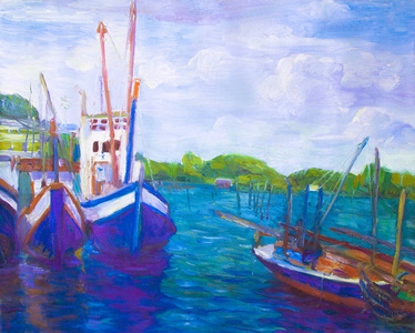 油画渔船在帆布附近的桥梁在群岛和蓝天云彩背景下旅行在夏天时间, 现代印象主义例证海景原物绘了