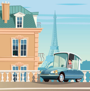 巴黎街道和埃菲尔铁塔背景的老法国汽车