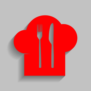 厨师帽和勺子，叉子，刀标志。矢量。与软阴影在灰色的背景上的红色图标