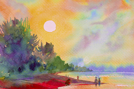 水彩画海景五颜六色的太阳和沙子与游客漫步在海滩之间的森林和美丽的