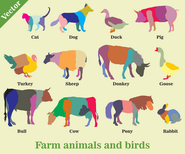 马赛克农场动物和鸟类剪影