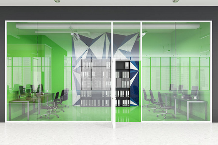 明亮的绿色现代办公室内部与几何墙壁样式和列计算机桌。玻璃墙和门。大厅。3d 渲染模拟