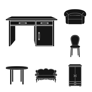 家具和内部黑色图标集合中的设计。家庭家具矢量符号股票网站插图