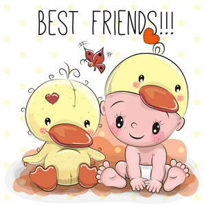 婴儿在鸭帽子和一只鸭子可爱的鸭子卡通在白色背景下隔离可爱的鸭子