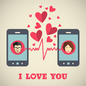 情人节贺卡与智能手机显示在平面样式的男人和女人的化身