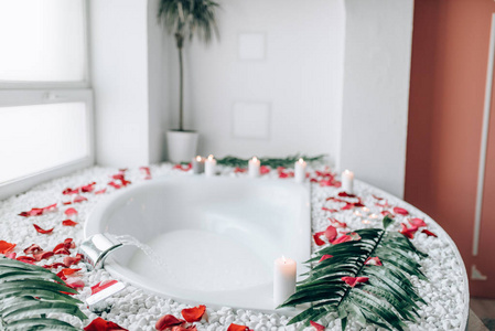豪华浴室内装饰棕榈树枝和玫瑰花瓣, 没有人
