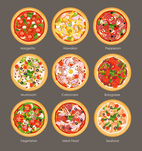 矢量插图集不同的比萨饼顶部视图与配料。意大利风味和鲜艳的颜色比萨饼, 素食, 蘑菇, 夏威夷和肉类盛宴在平面卡通风格的灰色背景