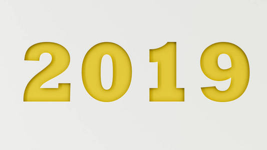 黄2019号在白纸上剪断。2019新年标志。3d 渲染插图