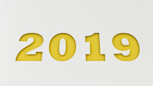 黄2019号在白纸上剪断。2019新年标志。3d 渲染插图