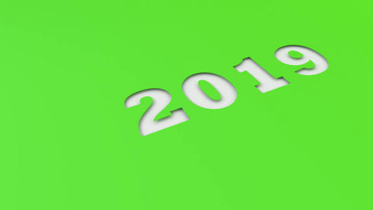 白2019号在绿纸上剪掉了。2019新年标志。3d 渲染插图