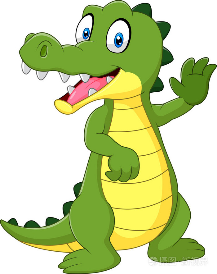 卡通搞笑鳄鱼挥舞着白色的背景上孤立的手