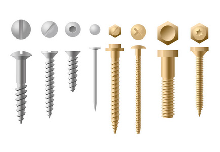 矢量插图集的螺丝不同的类型和形状的金色和银色的颜色在白色的背景。螺丝螺栓螺母和铆钉的收集。顶部和前视图
