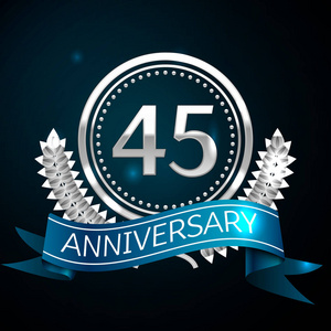 现实四十五年周年纪念庆祝设计与银色圆环和月桂树花圈, 蓝色丝带在蓝色背景。彩色矢量模板元素为您的生日庆祝党