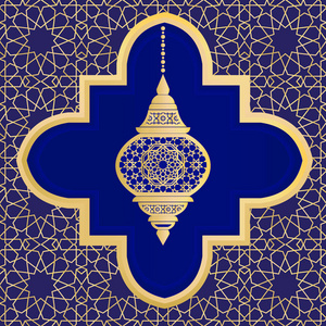 旗帜背景设计开斋节问候伊斯兰教的设计包含阿拉伯文书法和灯笼与新月