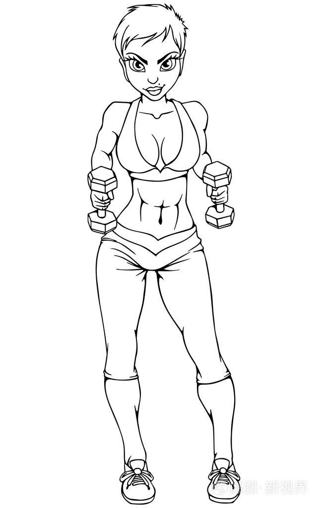 美丽的女孩从事与哑铃的健身插画-正版商用图片0okica-摄图新视界