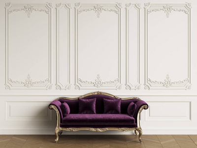 经典的沙发在经典的内部与复制空间。白色墙壁与装饰。地板木地板的人字形。数字插图. 3 d 渲染