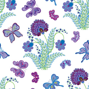 花朵与蝴蝶的无缝纹理。无休止的花卉图案。无缝模式可以用于壁纸 图案填充 web 页面的背景，表面纹理