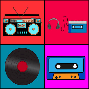 一套老式复古古董时髦的音乐模拟技术, 电子乙烯唱片, 磁带和音频播放器磁带录音机从 80, 90 的彩色背景。向量