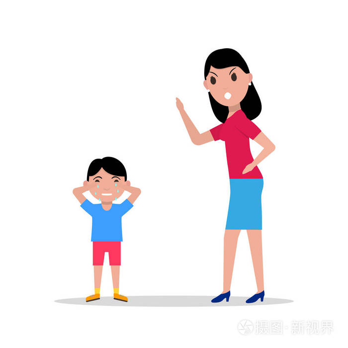 矢量卡通愤怒的母亲责骂她的孩子