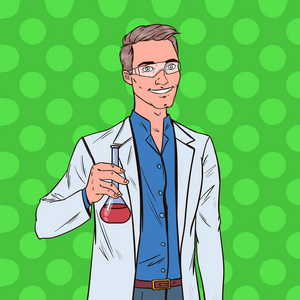 流行艺术的人科学家与烧瓶.男性实验室研究员.化学药理学的概念.