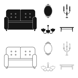 沙发, 镜子, 烛台, 吊灯。Furniturefurniture 集合图标在黑色, 轮廓样式矢量符号股票插画网站