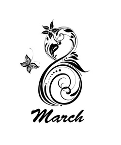 八个白色的蝴蝶3 月 8 日与装饰数字 8 的贺卡.黑色和白色照片