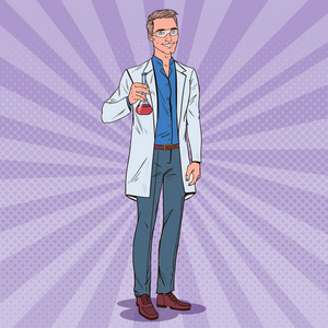 男性药流行艺术的人科学家与烧瓶.男性实验室研究员.