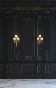 黑墙板在镀金的古典风格。3d 渲染