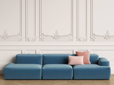 现代斯堪的纳维亚设计沙发在经典的内饰。墙壁与装饰, 地板木地板的人字形。复制空间, 样机内部。数字插图. 3 d 渲染