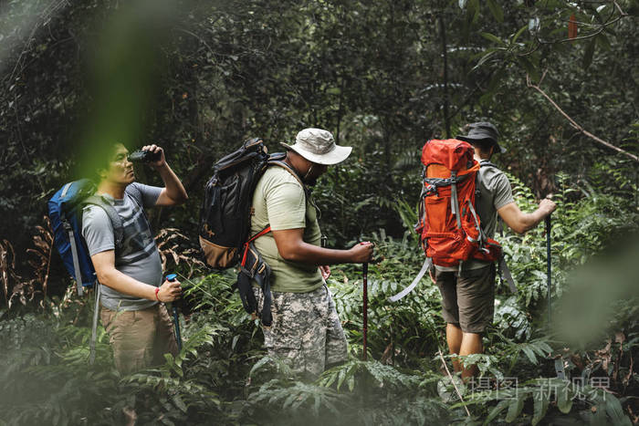 一群不同的男人一起在森林里徒步旅行