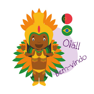 矢量图的卡通人物说你好和欢迎葡萄牙语照片