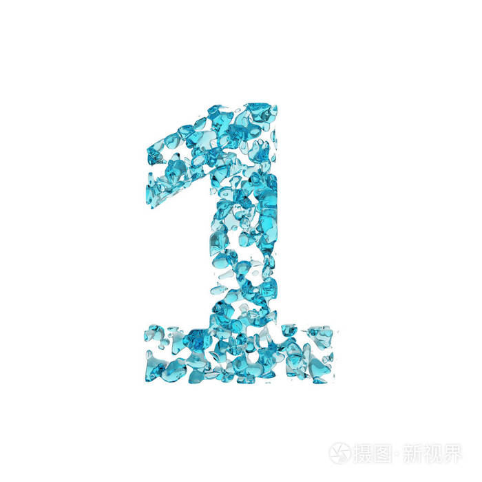 字母数字1.由蓝色水滴制成的液体字体.3d 渲染在白色背景下被隔离