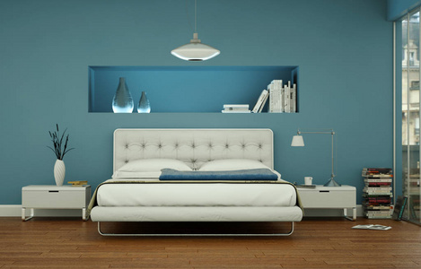 现代卧室带蓝色墙壁和现代装饰