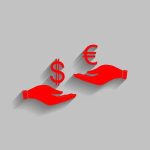 货币兑换从手。美元和欧元。矢量。与软阴影在灰色的背景上的红色图标