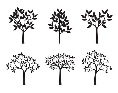 一套黑树。矢量插图。植物和庭院